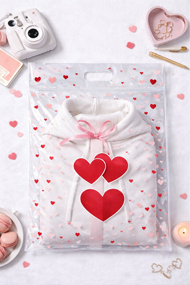 5 Pieces of King Size Zippered Transparent Patterned Hand Bags Valentine's Day Gift Package