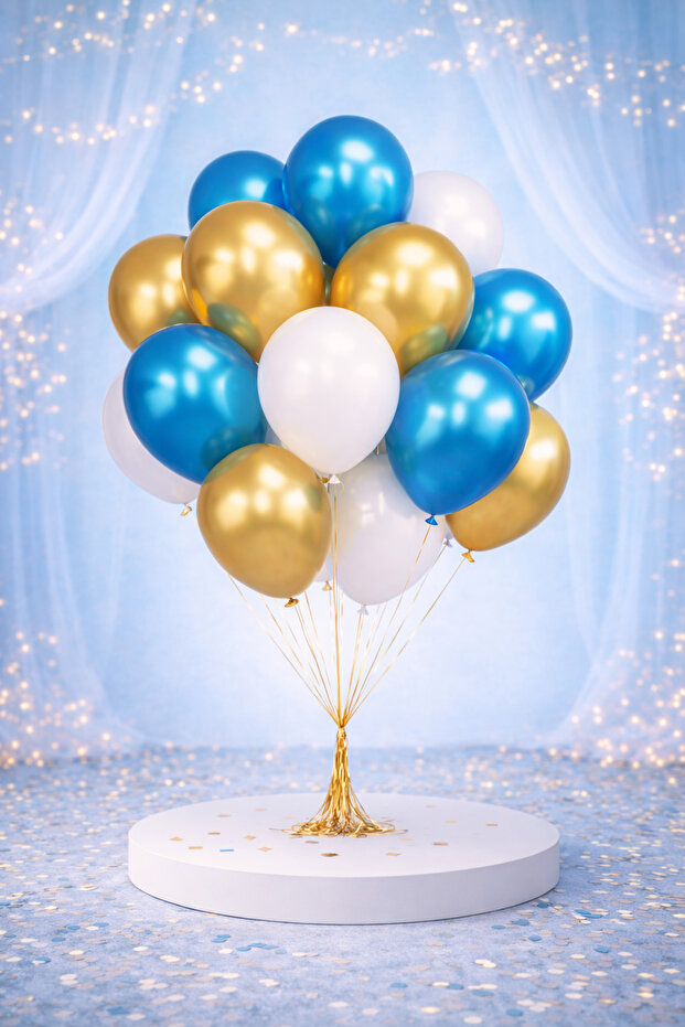 Premium Blue Gold White Balloon Set – Birthday & Opening Concept 15 Pieces