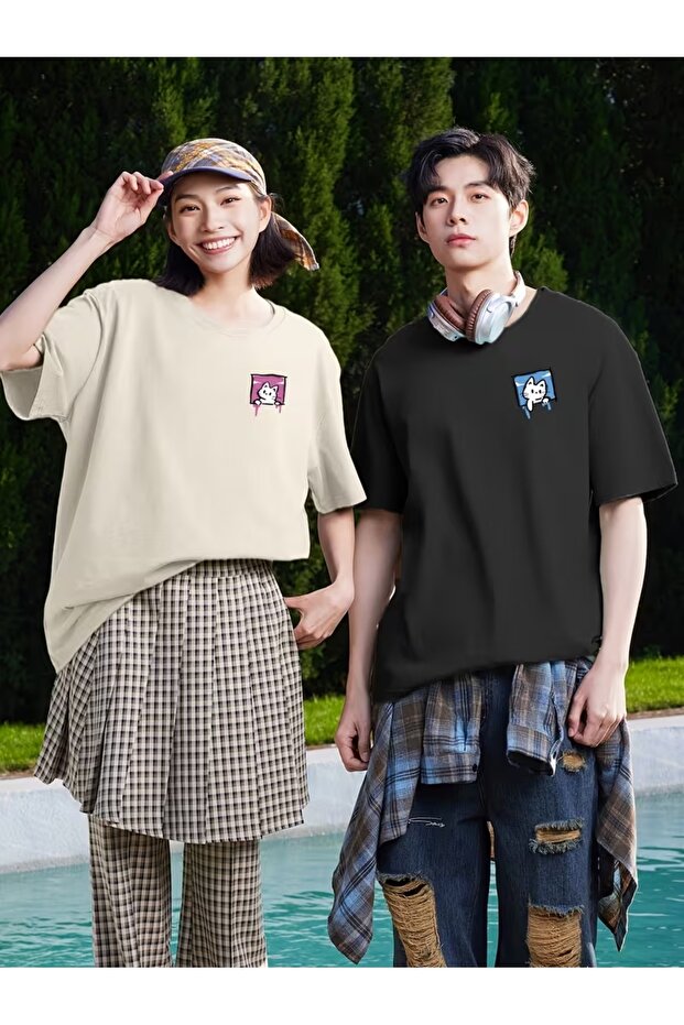 Unisex Women's and Men's Cute Cat Printed Lover Couple Combination Design Oversize T-Shirt 2-Pack