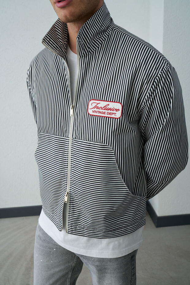 Striped Zippered Embroidered Lined Stand Collar Regular Fit Black Jacket