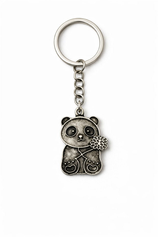 Lucky Panda Charm – Silver Color Unisex Metal Keychain with Flower Detail and Panda Figure