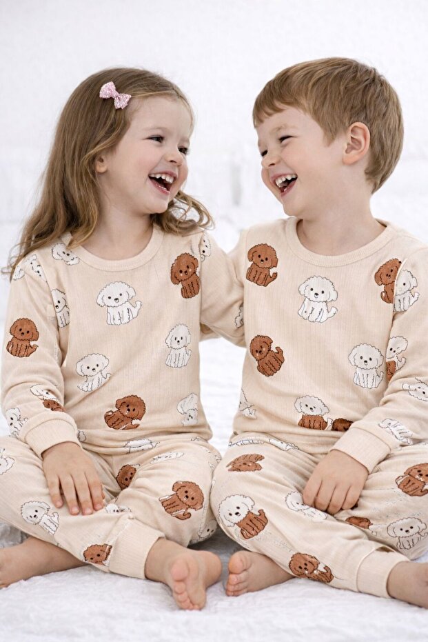 Unisex Children's Pajama Set Dog Pattern 100% Cotton Reported Interlock Fabric Crew Neck Long Sleeves