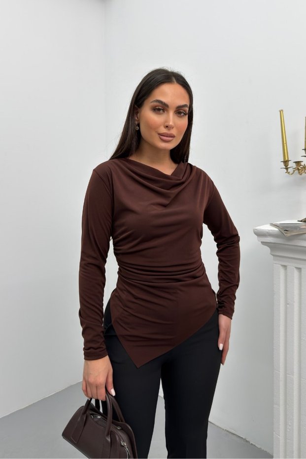 Women's Blouse Draped Long Sleeve Degaje Collar Asymmetrical Cut Sandy Fabric Lycra Stylish Blouse