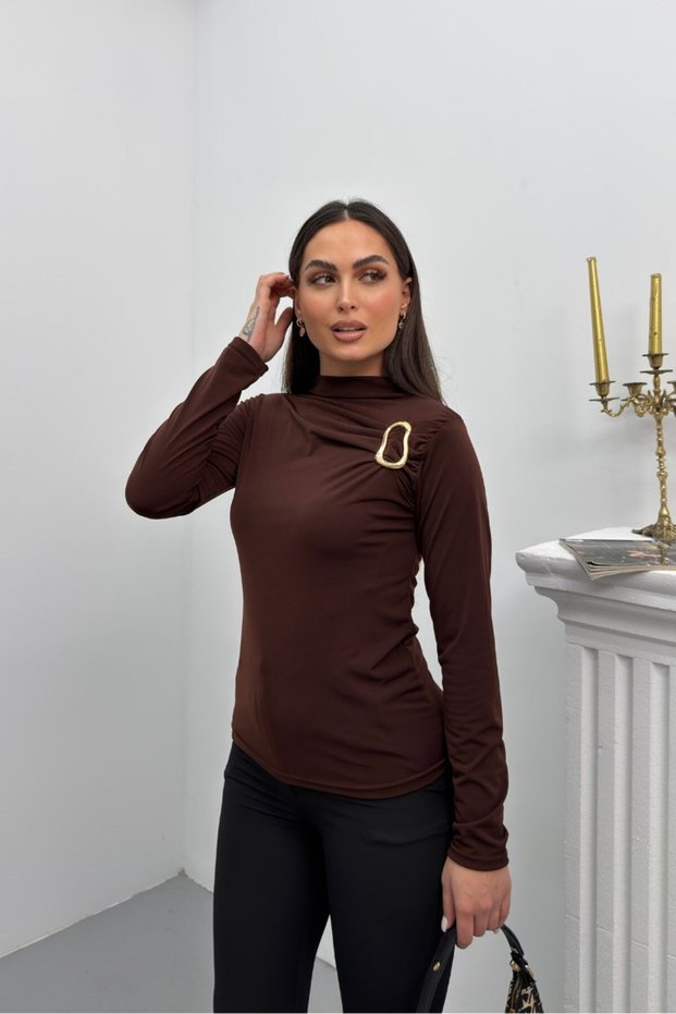 Women's Blouse with Gold Buckle Detail, Gathered, Long Sleeves, Sandy Fabric, Lycra, Elegant Blouse
