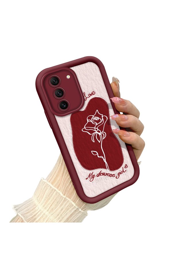 Samsung Galaxy S21 Fe 5g Compatible Claret Red Color Flower Patterned Case Silicone Shock Absorbing