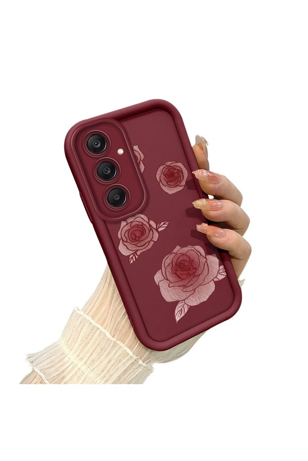 Samsung Galaxy A25 Compatible Burgundy Color Flower Patterned Case Silicone Shock Absorbing