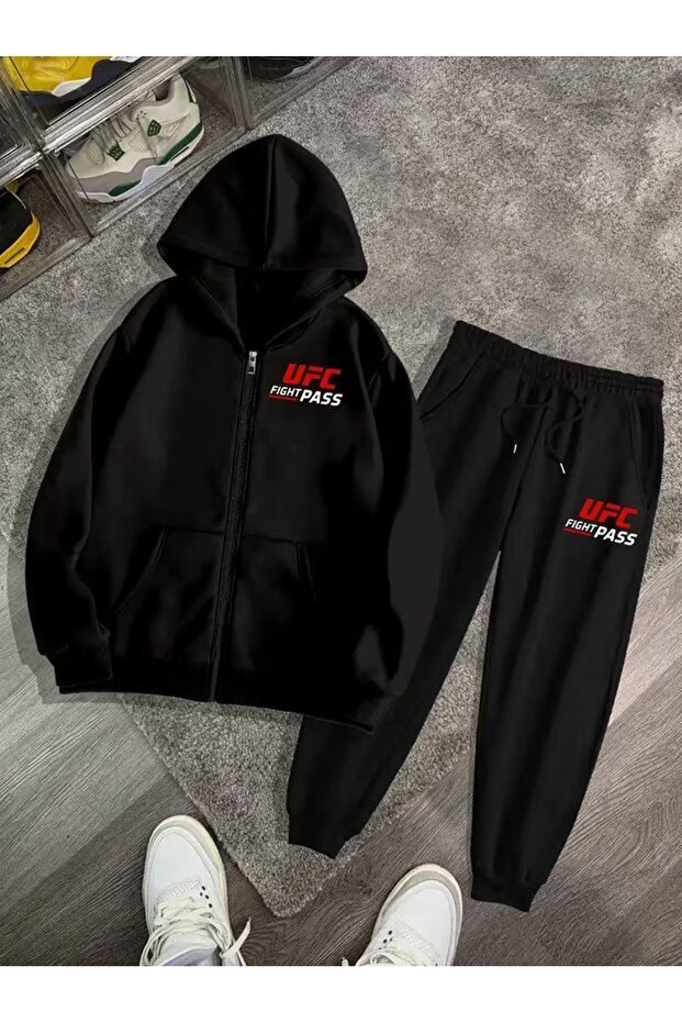 Unisex Printed Zippered Cardigan Sweatshirt and Jogger Sweatpants - Top and Bottom Set