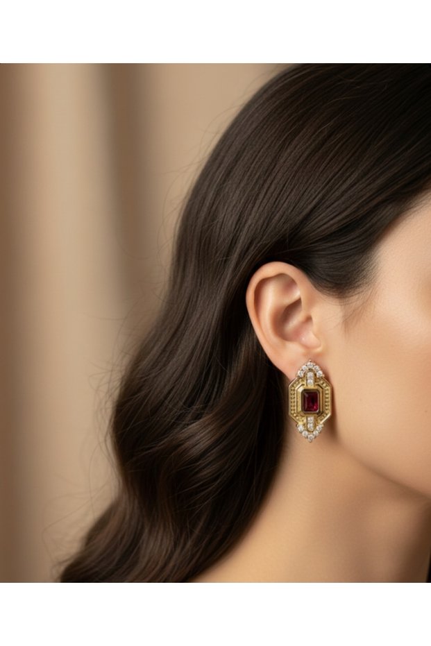 Red Color Stone Stainless Steel Earring