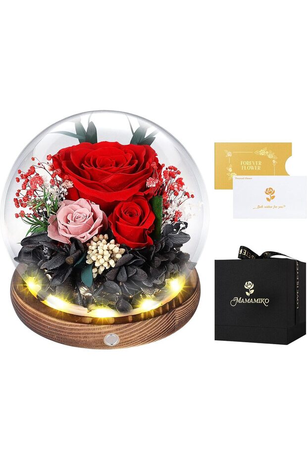 Preserved Roses in Glass Dome with LED Light