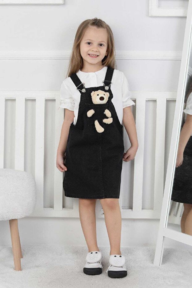Bear Embroidered Girls' Denim Gilet Dress