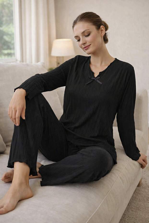 Cotton Bow Detail Ribbed Thick Long Sleeve Pajama Set