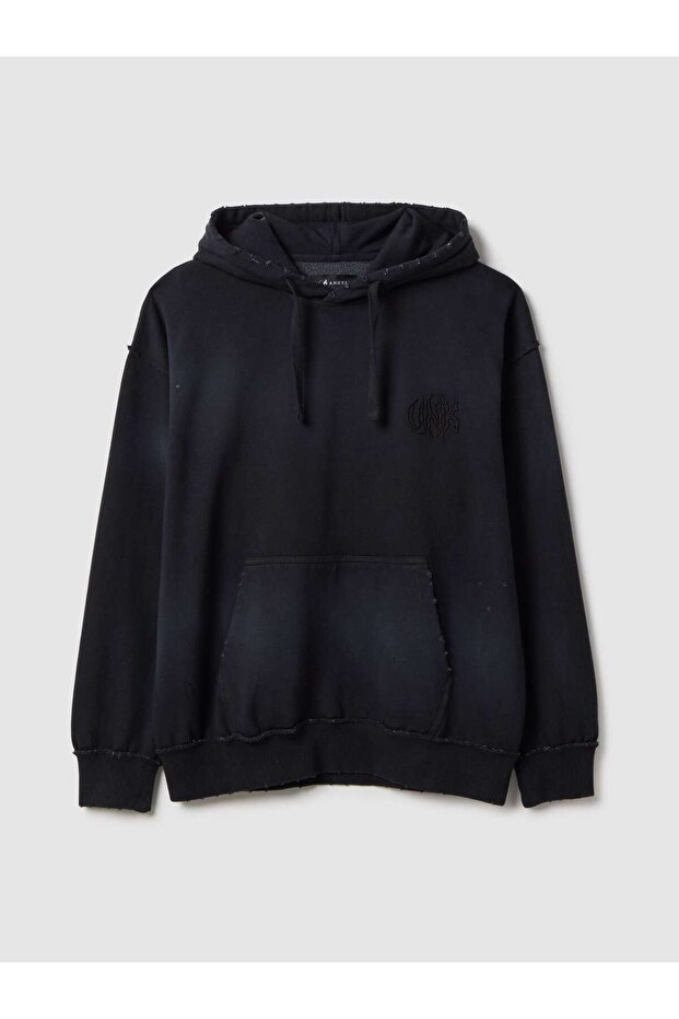 Black cotton blend oversized fit hooded sweatshirt