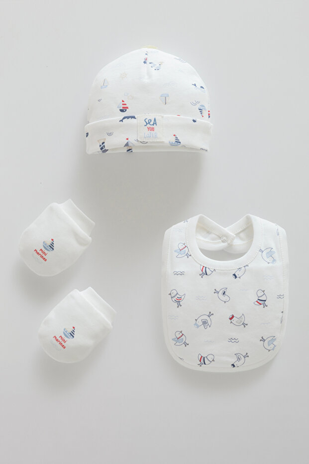 Mini Marines 100% Cotton Boxed 3-Piece Baby Accessory Set (Hat, Gloves, Bib) Sailor Themed 0-3 Months