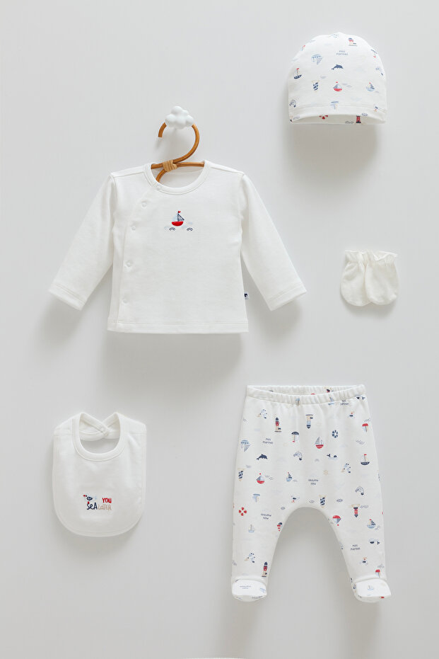 100% Cotton 5-Piece Hospital Discharge Set - Sailor Themed Color-Ecru