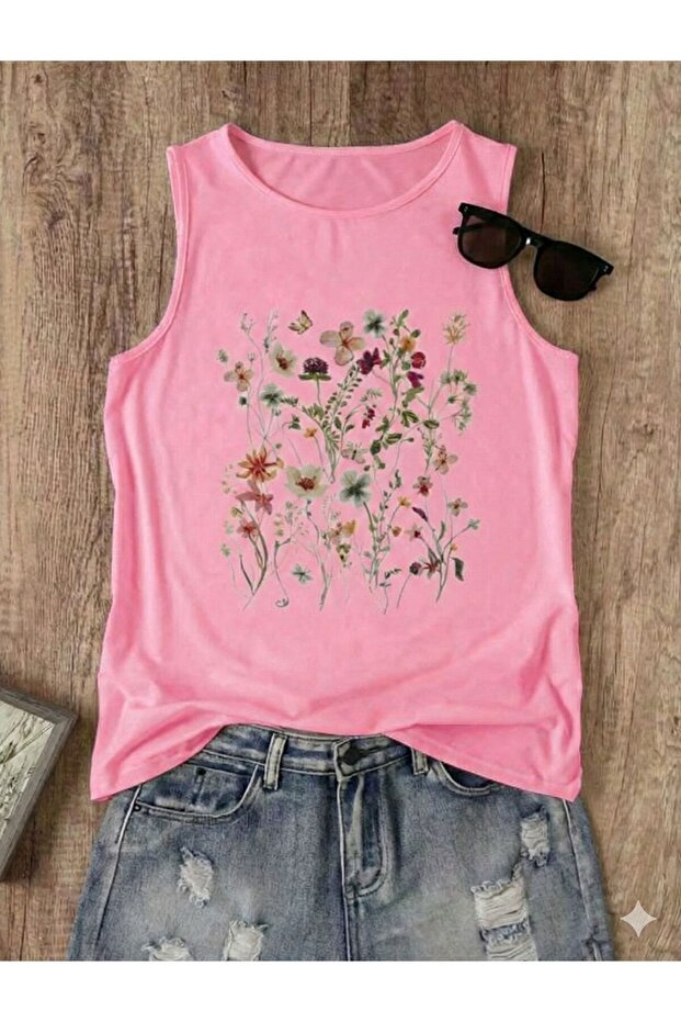 Flowers Patterned Women's Cotton Off-The-Shoulder (Sleeveless) Summer T-Shirt
