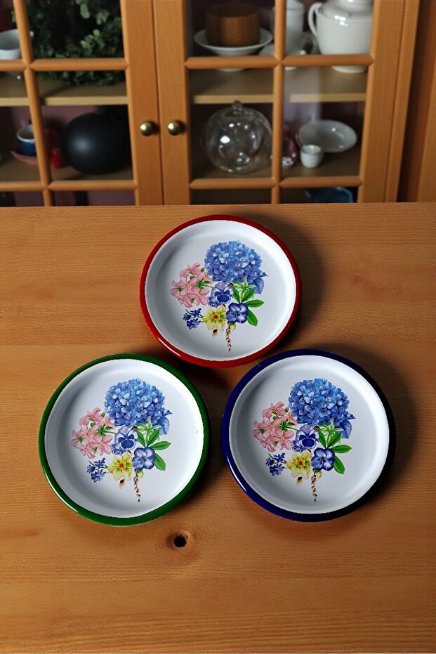 16 cm 3 Pieces 3 Colors Enamel Plate Coffee Plate for 3 People, Service Plate Snack Plate, Gift