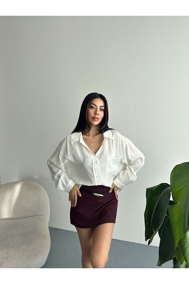 Bambu Dökümlü Oversize Salaş Beyaz Gömlek - 2