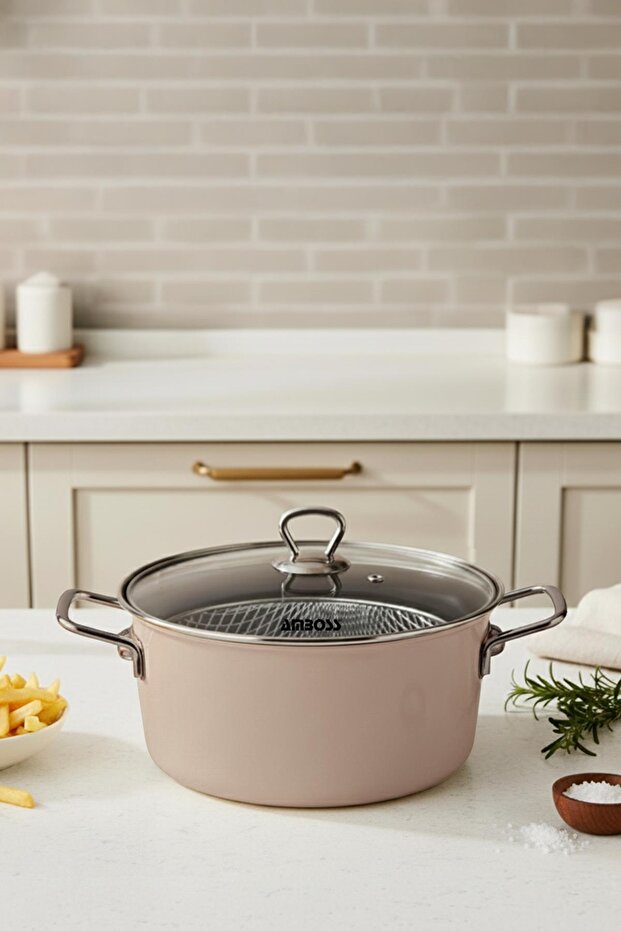 Crispella 22 cm Enamel Frying Pan with Glass Lid - Brown