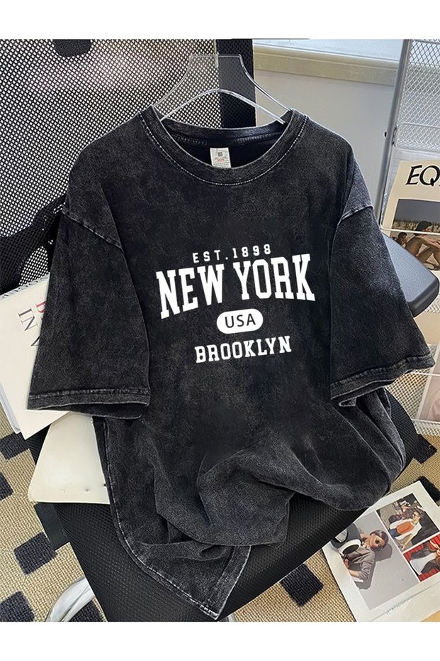 New York Brooklyn EST.1898 Unisex Oversized T-Shirt 100% Cotton Vintage Wash