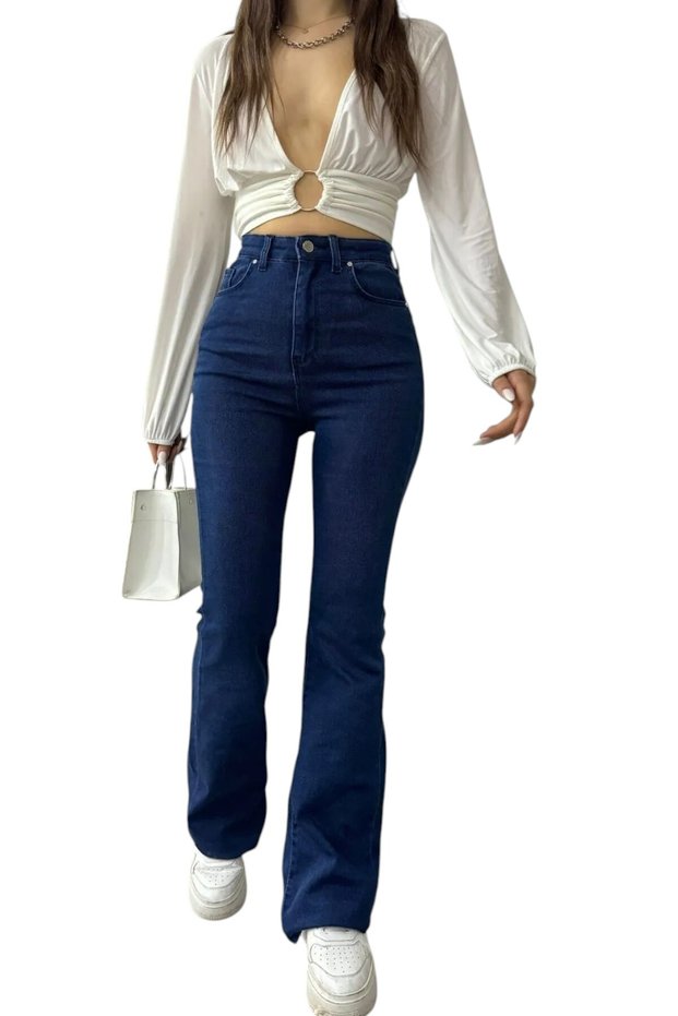 Nuria Women's Dark Blue Colorfast Lycra High Waist Spanish Leg Jeans