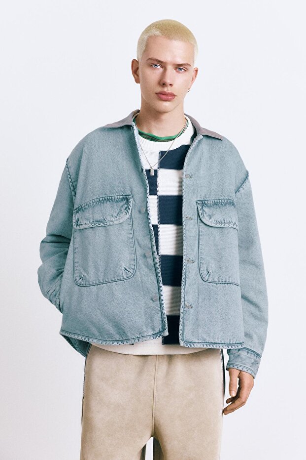 Kontrast yakalı denim ceket - 1