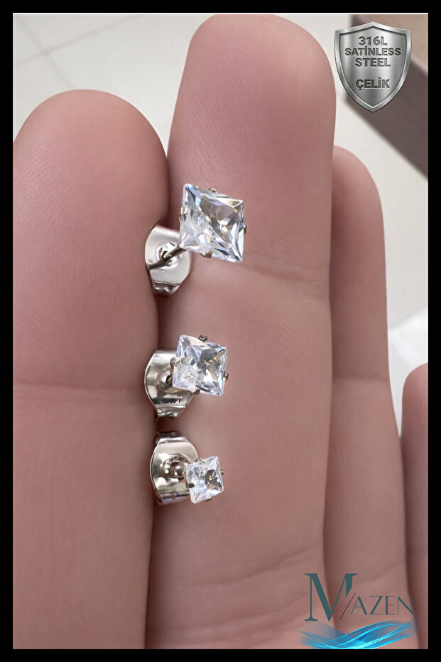 3 Piece Square Stone Unisex Steel Earring Set | 3mm 4mm 5mm | Silver Color