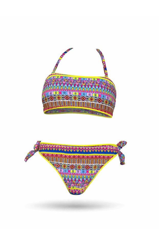 Girl's Blue Neon Yellow Multi-Colored Lined 4-12 Years Strapless Bikini Set Hzl24S-Lc6355