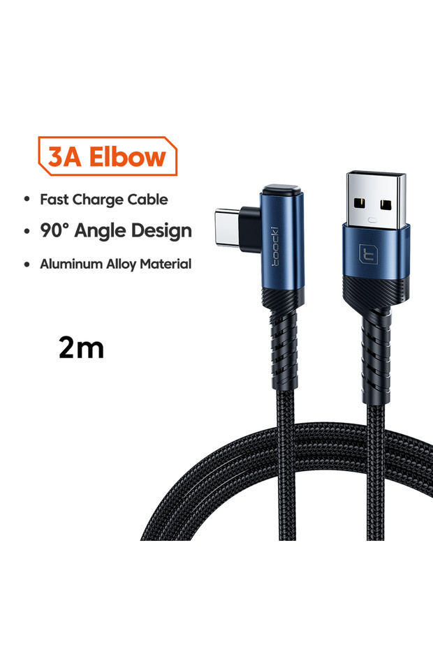2 Pack 2m Blue 90° Elbow USB A to Type C Cable 3A QC3.0 Blue Aluminum-Braided Fast Cha