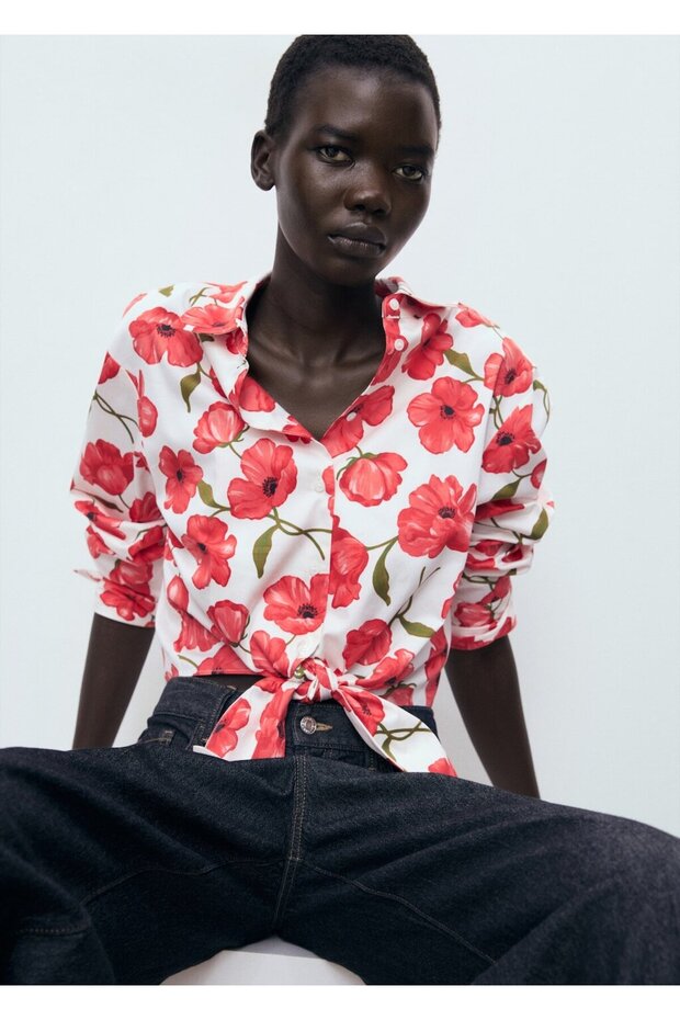 Çiçek desenli poplin gömlek - 1