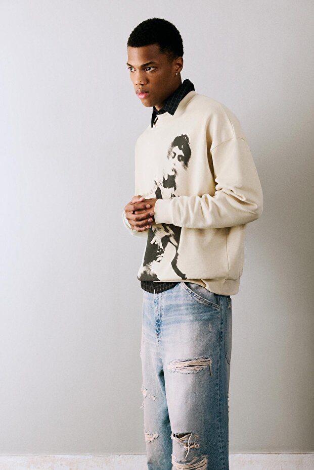 Grafik detaylı bisiklet yaka sweatshirt - 1