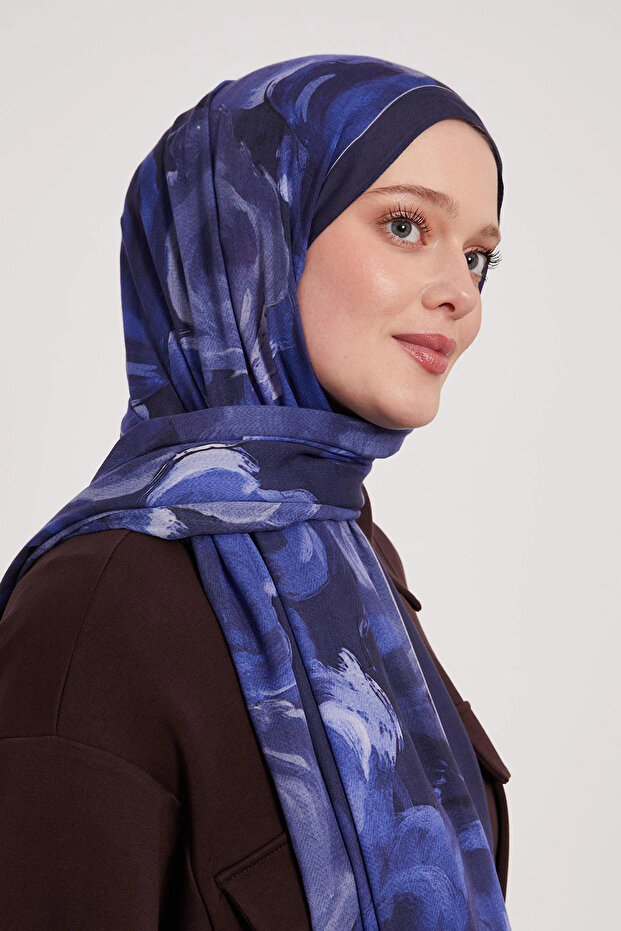 شال حريري منقوش - أزرق سماوي - 3