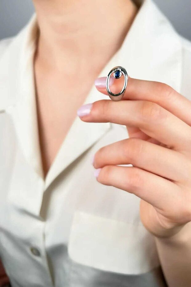 خاتم بيضاوي الشكل مرصع بالأحجار - فضي - 2