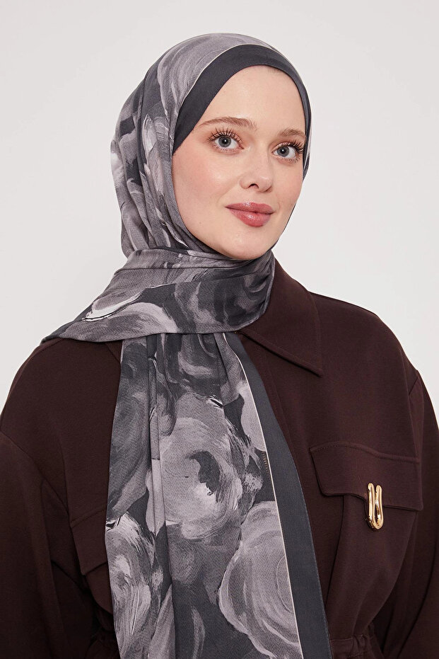 شال حرير منقوش - لون أنثراسيت ليلي - 3