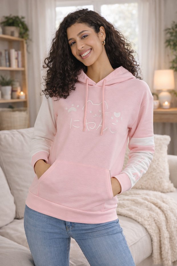 Powder Pink Hooded Cat Printed Women's Sweatshirt