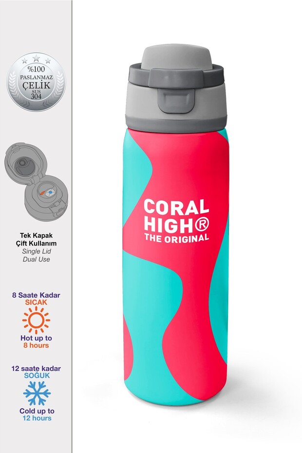 Neon Coral Turquoise Patterned Steel Thermos with Straw and Direct Drinking Feature 800 ml 38545