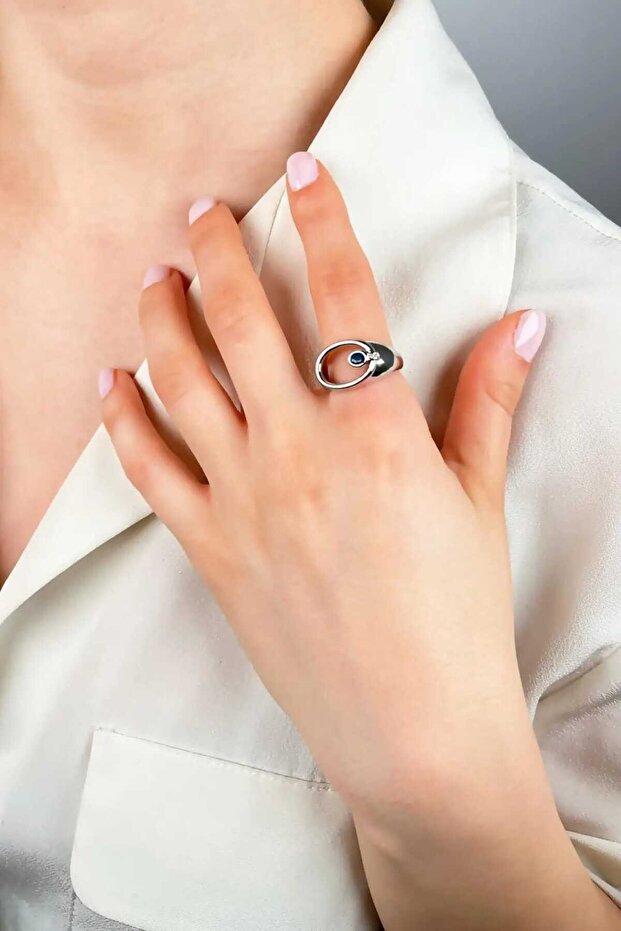 خاتم بيضاوي الشكل مرصع بالأحجار - فضي - 1