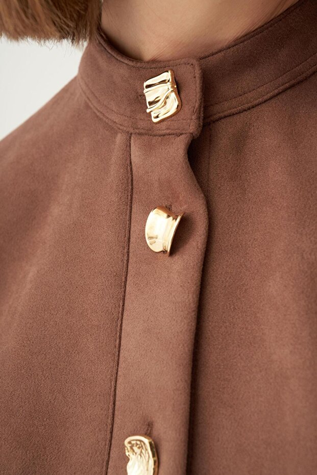Coffee-Gold Buttoned Suede Tunic - 6