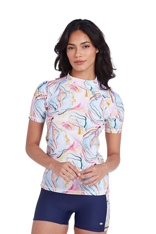 Ladies Ladies Rashguard Short Sleeve - Blue Pink Marble