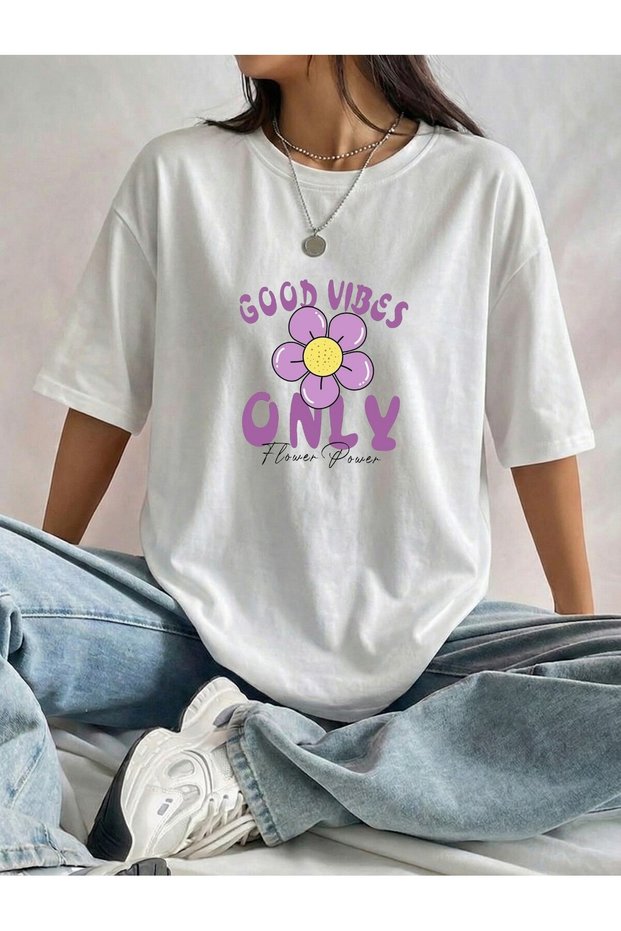 Women's Good Vibes Only Floral Print Crew Neck T-Shirt