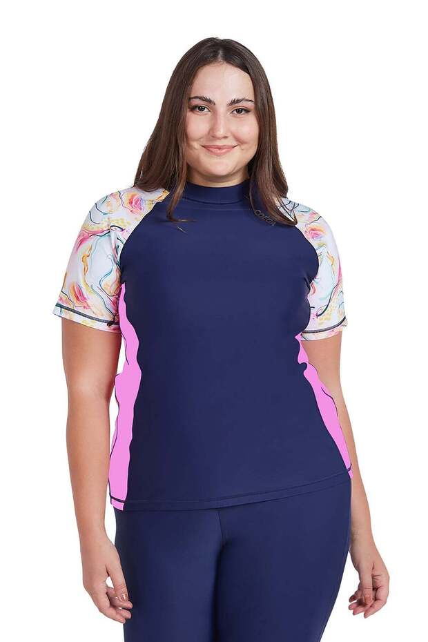 Ladies Ladies Rashguard Short Sleeve - Blue Pink Marble