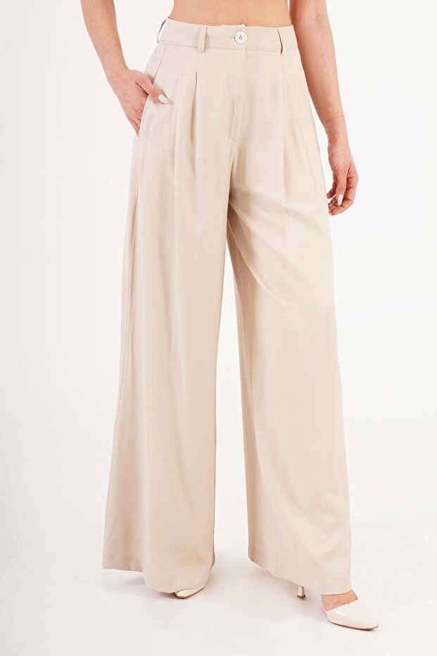 Double Pleated High Waist Beige Palazzo Trousers