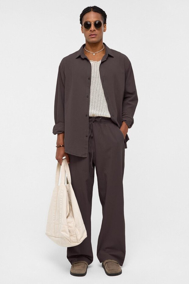 Basic Oversize Keten Takım Kahve - 1