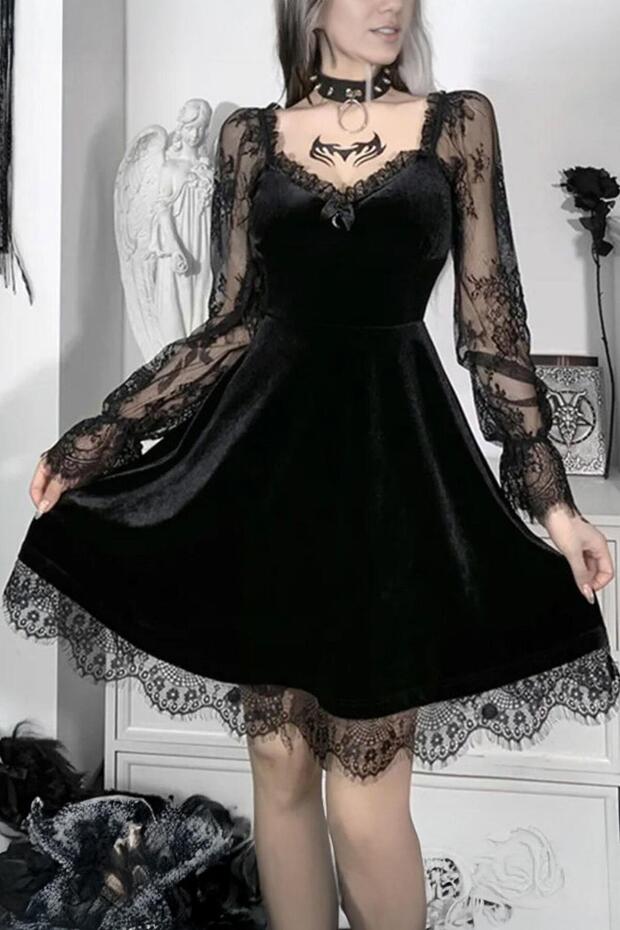 Gothic Style Sleeves Lace Long Sleeve Mini Bow Velvet Dress