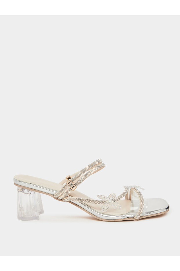 Women Silver Rhinestone Butterfly Block Heel Sandals