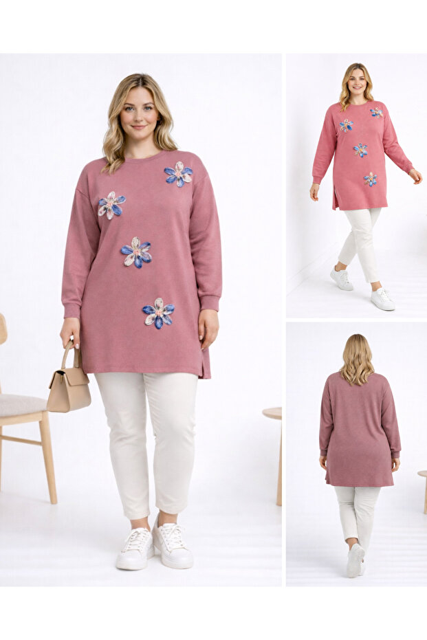 Women's Dusty Rose Slit Tunic with Floral Accessories