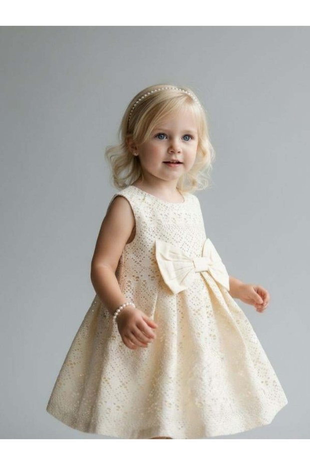 Baby Girl Cotton Bow Detailed Guipure Dress