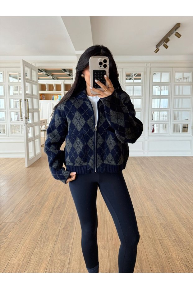 Navy Blue-Anthracite Diamond Patterned Zippered Cardigan - 261003
