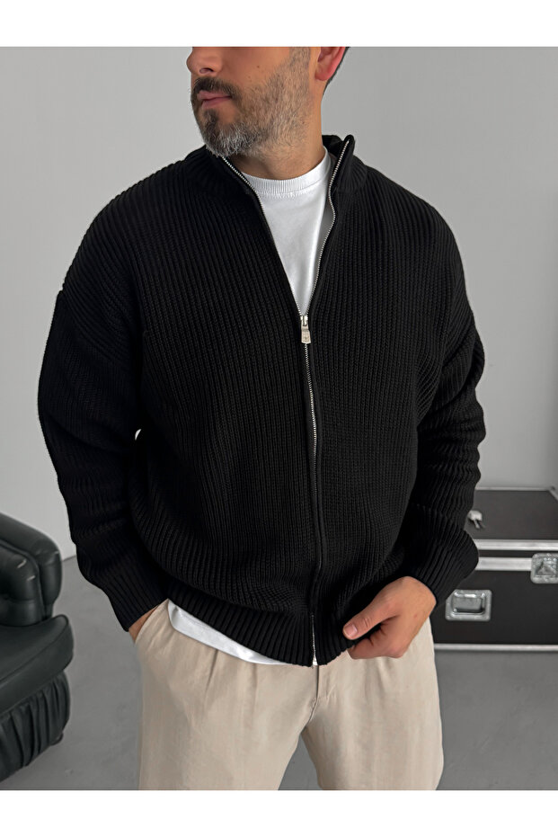 Siyah Fermuarlı Triko Örme Hırka JJ-181 - 1