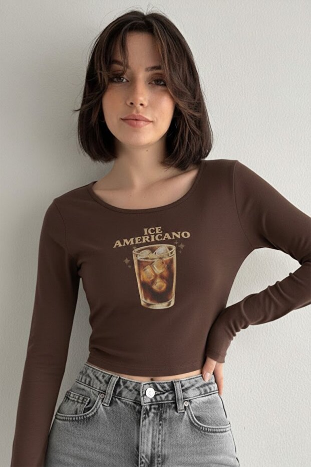 Brown Ice Americano Coffee Printed Long Sleeve Crop