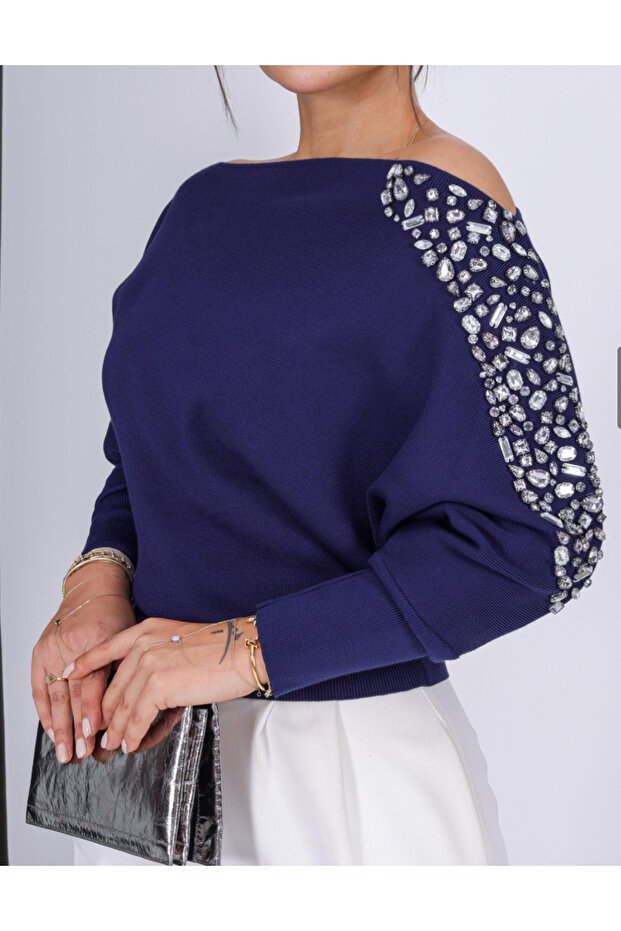 Tek Omuz Taş İşlemeli Triko Bluz - 5